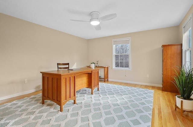 office area featuring light hardwood / wood-style floors, ceiling fan, and a healthy amount of sunlight