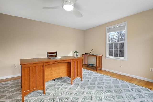 office with ceiling fan and light hardwood / wood-style flooring