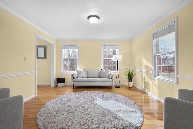 living room featuring light wood-type flooring, crown molding, and a wealth of natural light