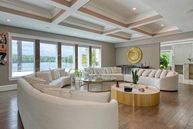 290 Massapoag Rd, Tyngsborough, MA 01879 - living room featuring coffered ceiling, dark wood-style floors, beamed ceiling, ornamental molding, and baseboards