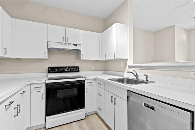 kitchen featuring dishwasher, a sink, light countertops, electric stove, and under cabinet range hood