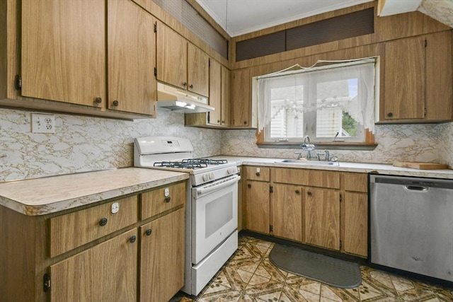 23 Highland Rd, Somerville, MA 02144 - kitchen featuring dishwasher, white range with gas stovetop, under cabinet range hood, light countertops, and decorative backsplash