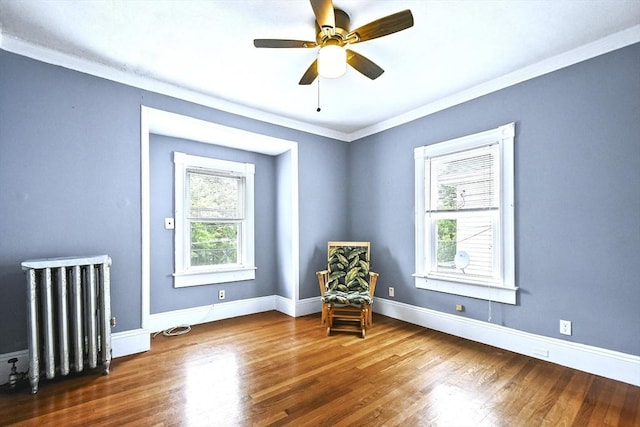 23 Highland Rd, Somerville, MA 02144 - living area featuring radiator heating unit, wood finished floors, ornamental molding, and a ceiling fan