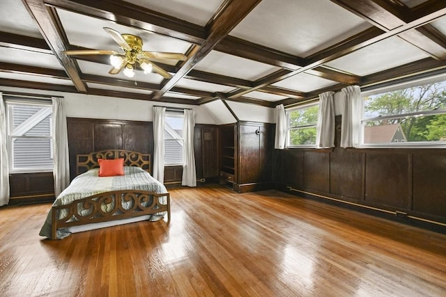 23 Highland Rd, Somerville, MA 02144 - bedroom featuring hardwood / wood-style floors, coffered ceiling, beam ceiling, and a wainscoted wall