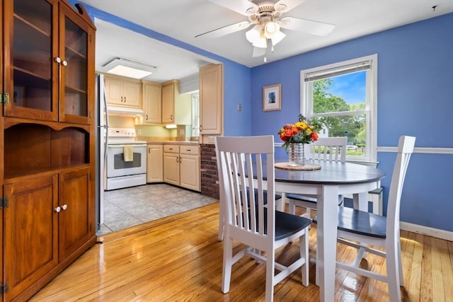2 Olympia Ave, Woburn, MA 01801 - dining room with a ceiling fan, light wood finished floors, and baseboards