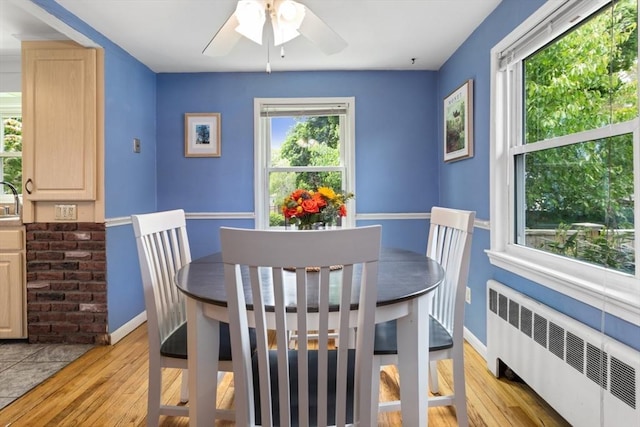 2 Olympia Ave, Woburn, MA 01801 - dining room with radiator, light wood-style flooring, ceiling fan, and baseboards