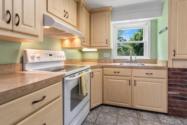 2 Olympia Ave, Woburn, MA 01801 - kitchen featuring electric stove, under cabinet range hood, light brown cabinets, a sink, and light tile patterned floors