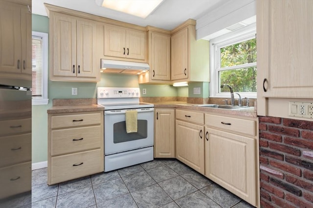 2 Olympia Ave, Woburn, MA 01801 - kitchen with electric stove, under cabinet range hood, a sink, light brown cabinets, and light countertops