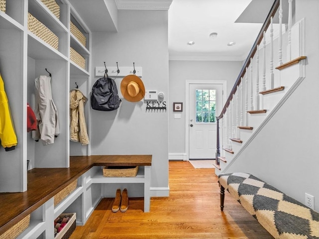 21A Farm St, Dover, MA 02030 - mudroom with wood finished floors, crown molding, and baseboards