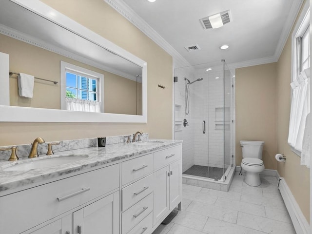 21A Farm St, Dover, MA 02030 - bathroom with a baseboard heating unit, double vanity, toilet, a shower stall, and ornamental molding