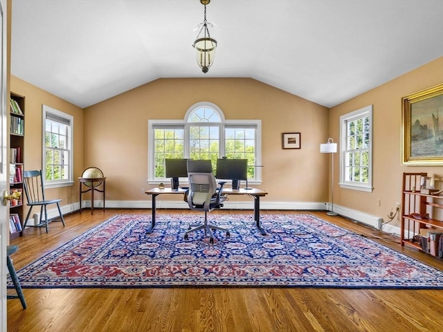 21A Farm St, Dover, MA 02030 - office featuring wood finished floors, healthy amount of natural light, a baseboard heating unit, vaulted ceiling, and baseboards