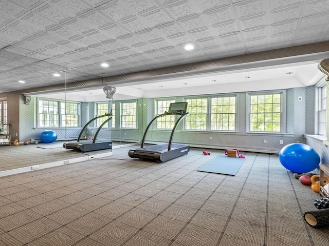 21A Farm St, Dover, MA 02030 - workout area with plenty of natural light, recessed lighting, an ornate ceiling, and carpet floors