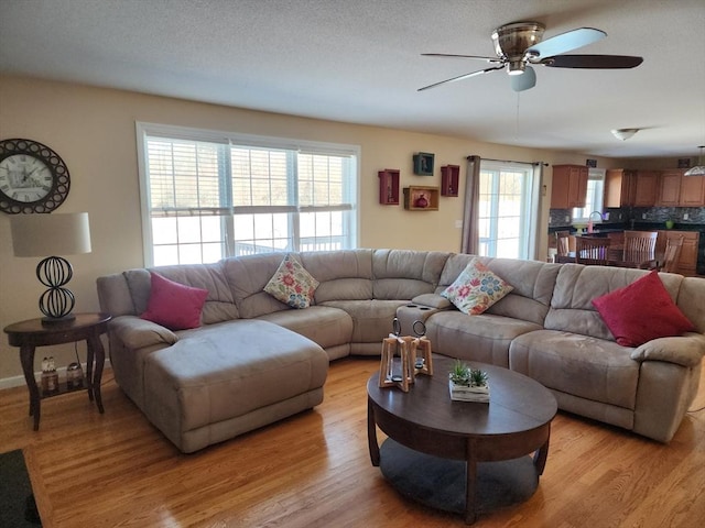 living room featuring ceiling fan and light hardwood / wood-style flooring