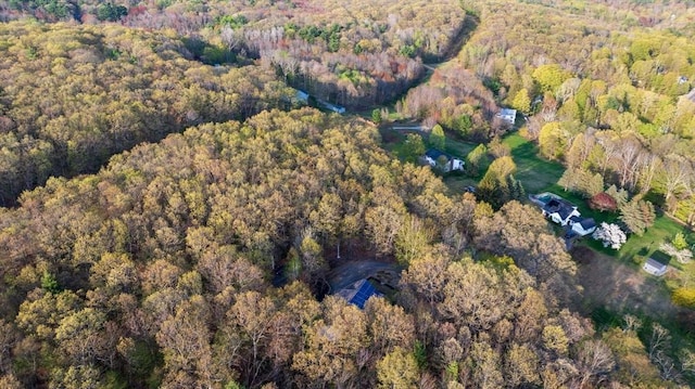 drone / aerial view featuring a view of trees
