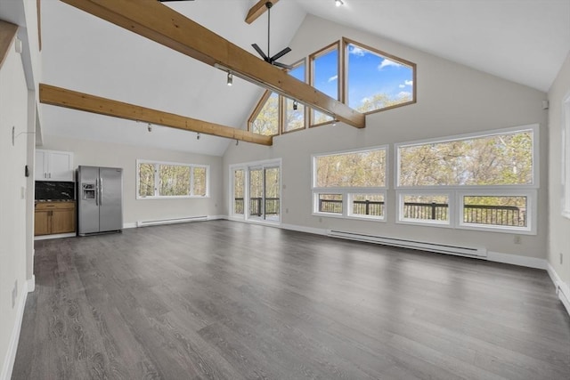 unfurnished living room with a ceiling fan, high vaulted ceiling, baseboards, a baseboard heating unit, and dark wood-style floors