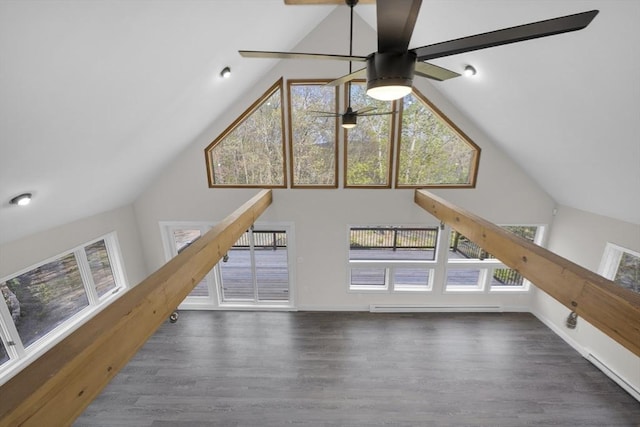 bonus room featuring high vaulted ceiling, baseboard heating, ceiling fan, and wood finished floors