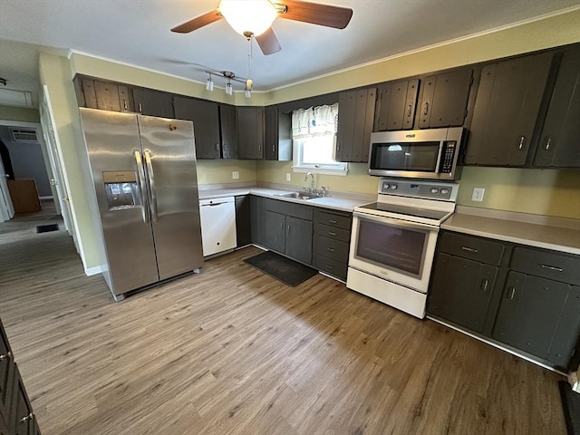 kitchen with dark brown cabinetry, sink, light wood-type flooring, and appliances with stainless steel finishes