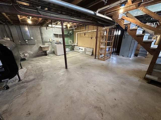 basement with electric panel and sink