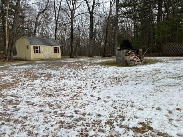 yard layered in snow with a storage shed