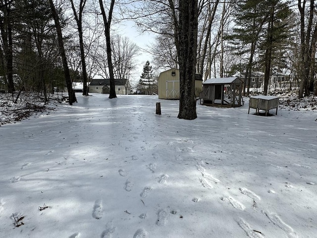 yard layered in snow featuring a storage unit