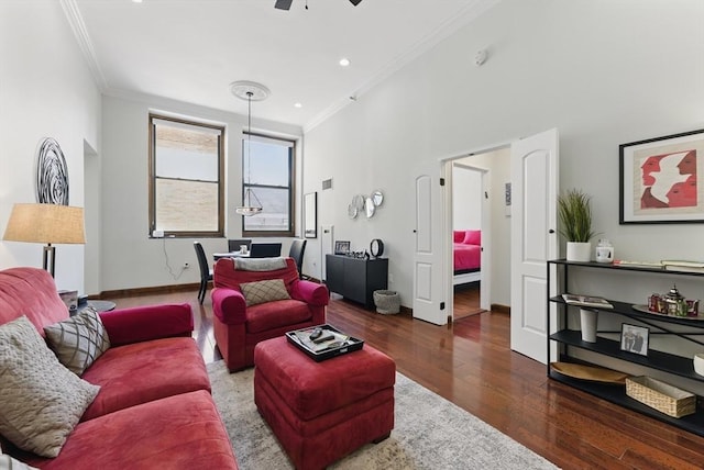 235 State St Unit 406, Springfield, MA 01103 - living area featuring crown molding, wood finished floors, ceiling fan, baseboards, and recessed lighting