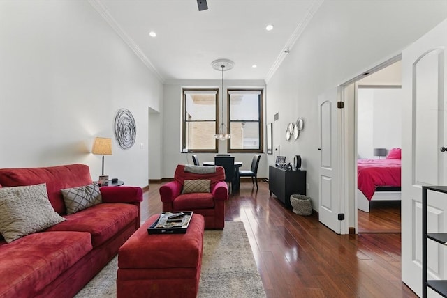 235 State St Unit 406, Springfield, MA 01103 - living room featuring crown molding, dark wood-style floors, recessed lighting, and baseboards
