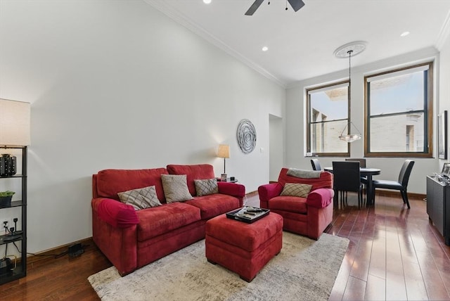 235 State St Unit 406, Springfield, MA 01103 - living room featuring crown molding, dark wood finished floors, a ceiling fan, recessed lighting, and baseboards