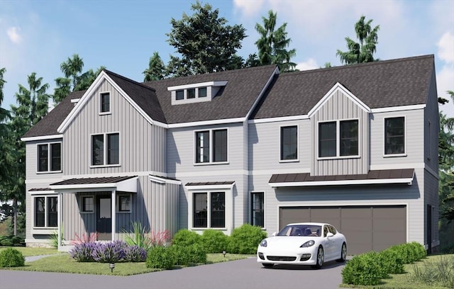 modern farmhouse style home with a standing seam roof, board and batten siding, and metal roof