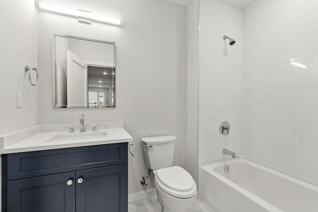 full bathroom with marble finish floor, shower / bathing tub combination, toilet, vanity, and baseboards