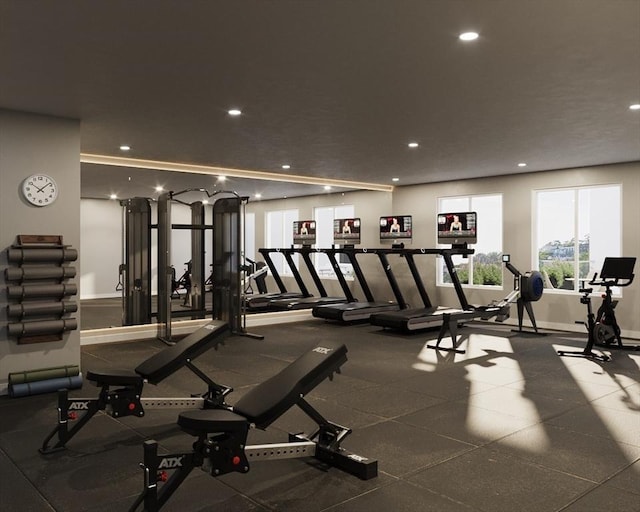 workout area with recessed lighting and baseboards