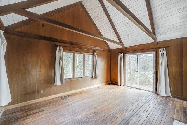 unfurnished living room featuring wood walls, visible vents, lofted ceiling with beams, and hardwood / wood-style flooring