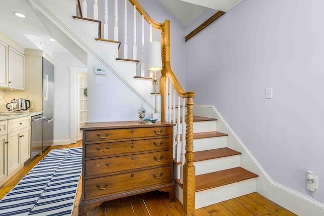 8 S St, Dennis, MA 02639 - stairs with hardwood / wood-style flooring, baseboards, and recessed lighting