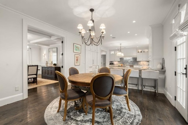 dining area with a chandelier, baseboards, dark wood finished floors, recessed lighting, and crown molding