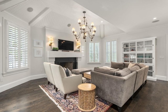 living room featuring healthy amount of natural light, dark wood finished floors, a chandelier, a fireplace, and vaulted ceiling