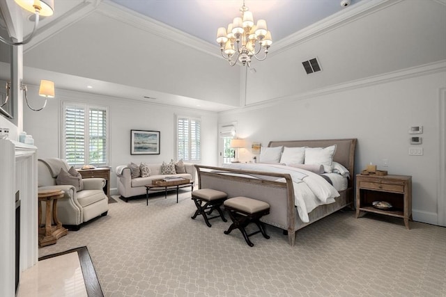 carpeted bedroom featuring a chandelier, crown molding, and baseboards