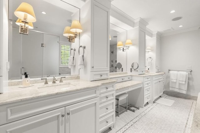 full bathroom featuring ornamental molding, vanity, recessed lighting, a shower with door, and tile patterned flooring