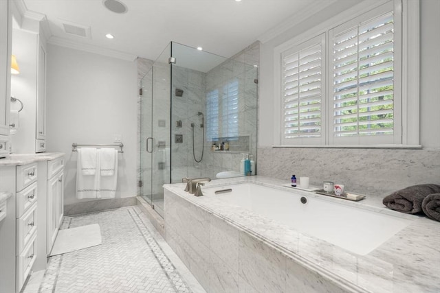 full bathroom featuring crown molding, vanity, a stall shower, a garden tub, and recessed lighting