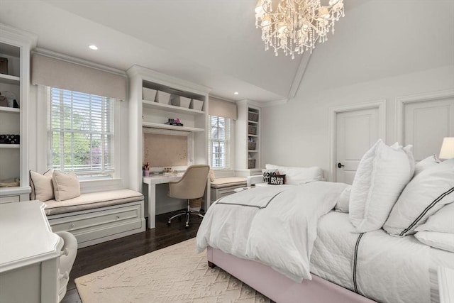 bedroom featuring a chandelier, dark wood finished floors, recessed lighting, crown molding, and lofted ceiling