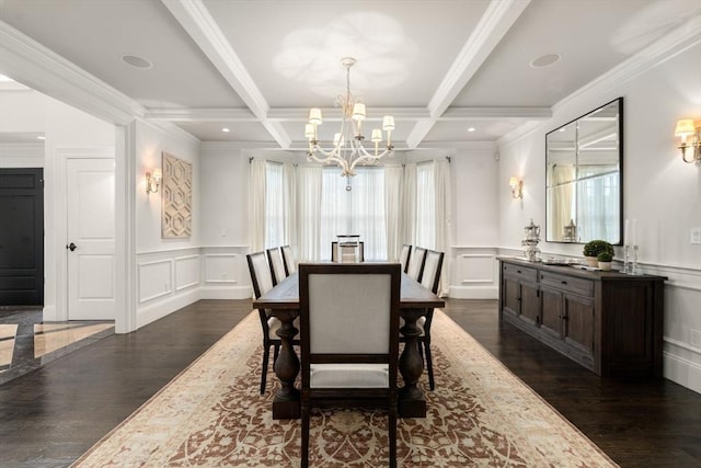 dining area featuring a decorative wall, a chandelier, dark wood-type flooring, coffered ceiling, and beam ceiling