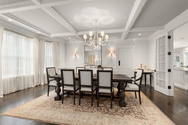 dining space with a chandelier, coffered ceiling, beam ceiling, dark wood-style flooring, and crown molding