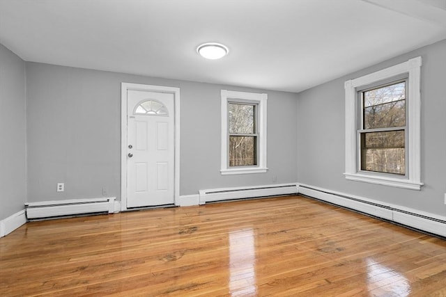 entryway with light wood-type flooring and a baseboard radiator