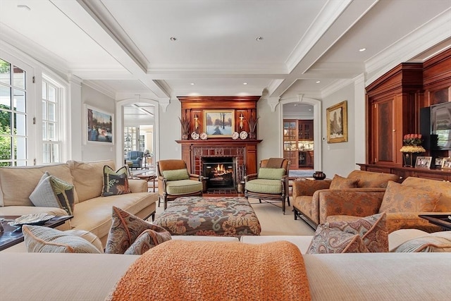 29 Willard Cmn, Concord, MA 01742 - living area featuring ornamental molding, beamed ceiling, a brick fireplace, and coffered ceiling