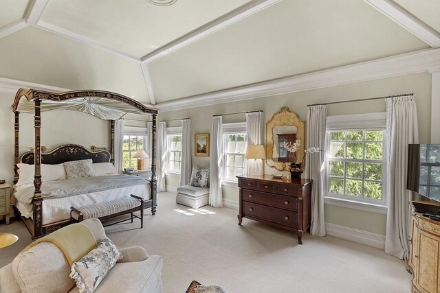 29 Willard Cmn, Concord, MA 01742 - bedroom featuring vaulted ceiling, multiple windows, light carpet, baseboards, and ornamental molding
