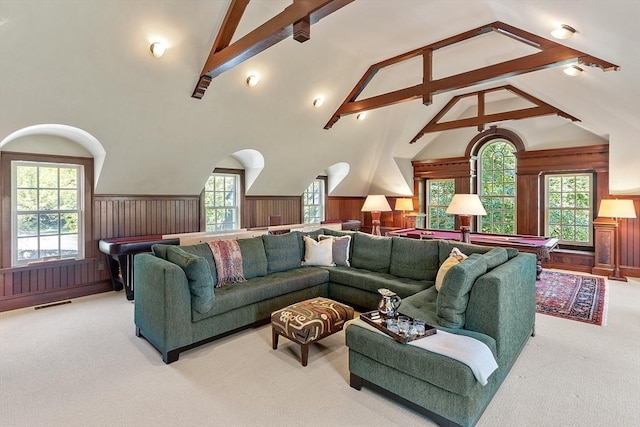 29 Willard Cmn, Concord, MA 01742 - living room with carpet floors, wainscoting, and wood walls