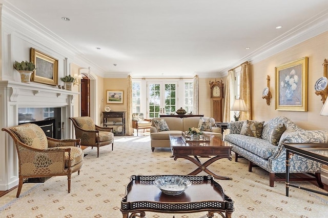 29 Willard Cmn, Concord, MA 01742 - living room with ornamental molding, a glass covered fireplace, and light colored carpet
