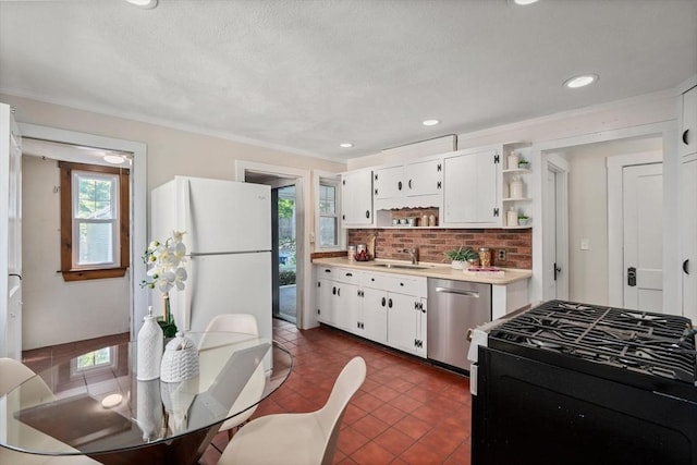 52 Myrtle St, Newton, MA 02465 - kitchen with open shelves, dishwasher, black gas range, decorative backsplash, and white cabinets