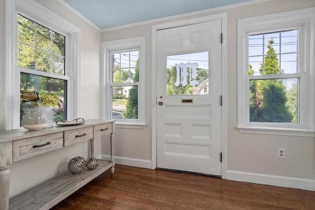52 Myrtle St, Newton, MA 02465 - entryway with dark wood-style floors and ornamental molding