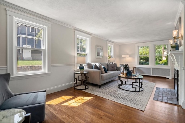 52 Myrtle St, Newton, MA 02465 - living area featuring radiator, healthy amount of natural light, a fireplace, wood finished floors, and ornamental molding