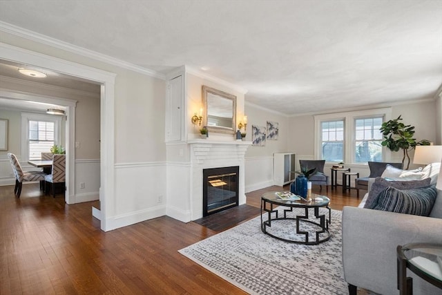 52 Myrtle St, Newton, MA 02465 - living area featuring healthy amount of natural light, a brick fireplace, dark wood-style floors, wainscoting, and ornamental molding