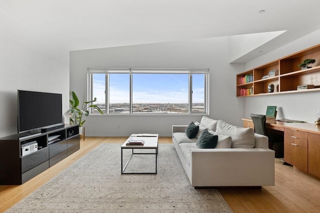 living room with light wood-type flooring and built in desk